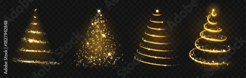 Christmas tree with gold light garland, Xmas magic sparkles new year decoration. Glitter star and shiny particle effect for holiday greeting card. Winter ornate concept vector isolated set