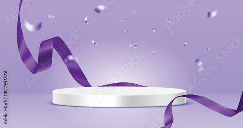 3d podium with blue ribbon and confetti for award background or cosmetic stage and product presentation. Round white platform, luxury pedestal for display or sale banner. Premium vector template