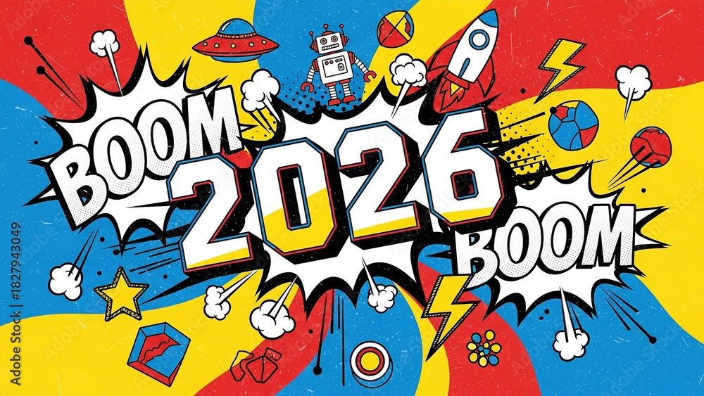 Fototapeta premium Retro Pop Art 2026 New Year Banner with Comic BOOM Explosion and Grain Texture
