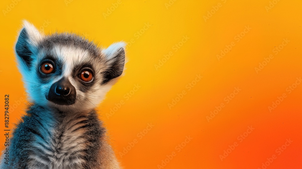 Obraz premium Cute lemur staring with wide eyes against a bright orange gradient background.