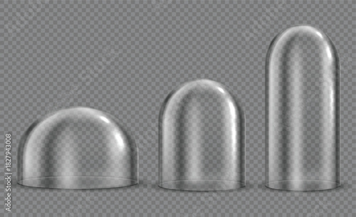 Realistic 3d glass dome cover, transparent bell, clear case for display and protection. Isolated vector sphere and hemisphere, showcase or security concept, product package, Christmas stand template