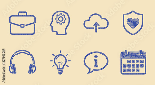 Business. Icon Set. Hand Drawn. A blue vector sketch collection of modern business and technology icons for a corporate presentation, a startup's branding, or a creative infographic design.