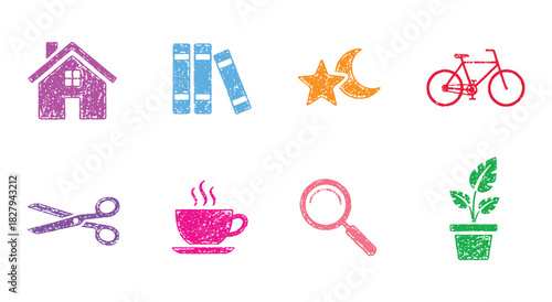 Lifestyle. Icon Set. Grunge. A colorful vector collection of hobby and home icons with a distressed stamp texture for a creative blog, a website, a poster, or a fun design asset set.