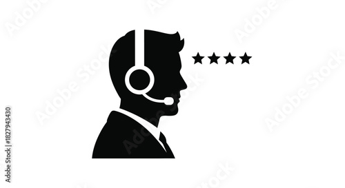 Customer support representative with headset and star rating symbols illustration