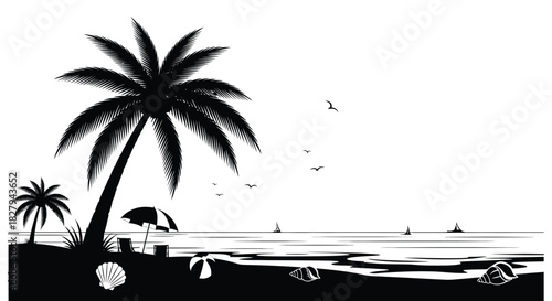 A tropical beach scene with a palm tree ocean and distant sailboats