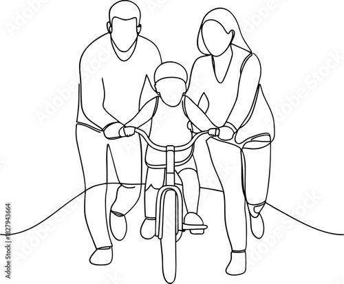 Family teaches child to ride bike drawing