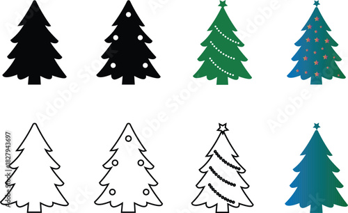 Christmas tree vector set with multiple styles  minimalist, decorative, outline and colorful designs