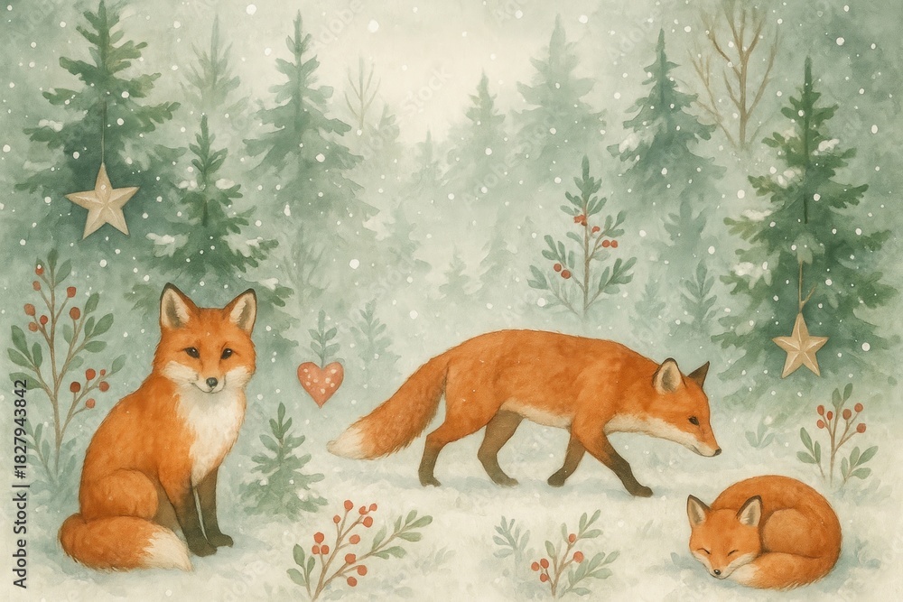 Naklejka premium Whimsical foxes in snowy forest background