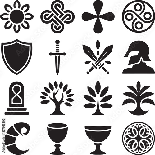 Collection of black and white symbols representing different cultures and concepts