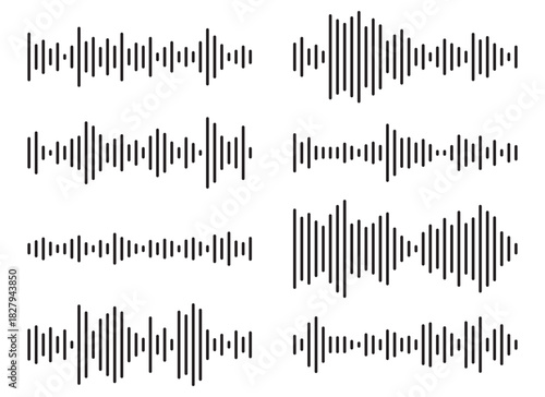Sound Wave and Equalizer Graphics Set: Digital Audio Signal Visualization, Music Technology, Voice Recording, and Vertical Line Frequency Spectrum Display