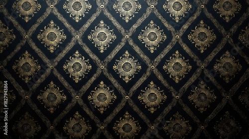 Decorative gold pattern on dark background with vintage style.