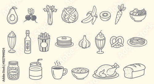 Food. Hand Drawn. Doodle. A large black and white vector line art icon set of healthy and unhealthy food for a restaurant menu, a recipe book, a food blog, or a packaging design.