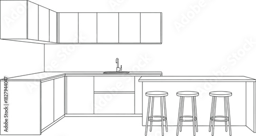 Minimalist kitchen design with cabinets sink and island with stools in white outline