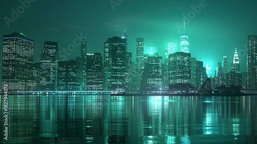 Emerald City Lights - A Nighttime Skyline Reflection.