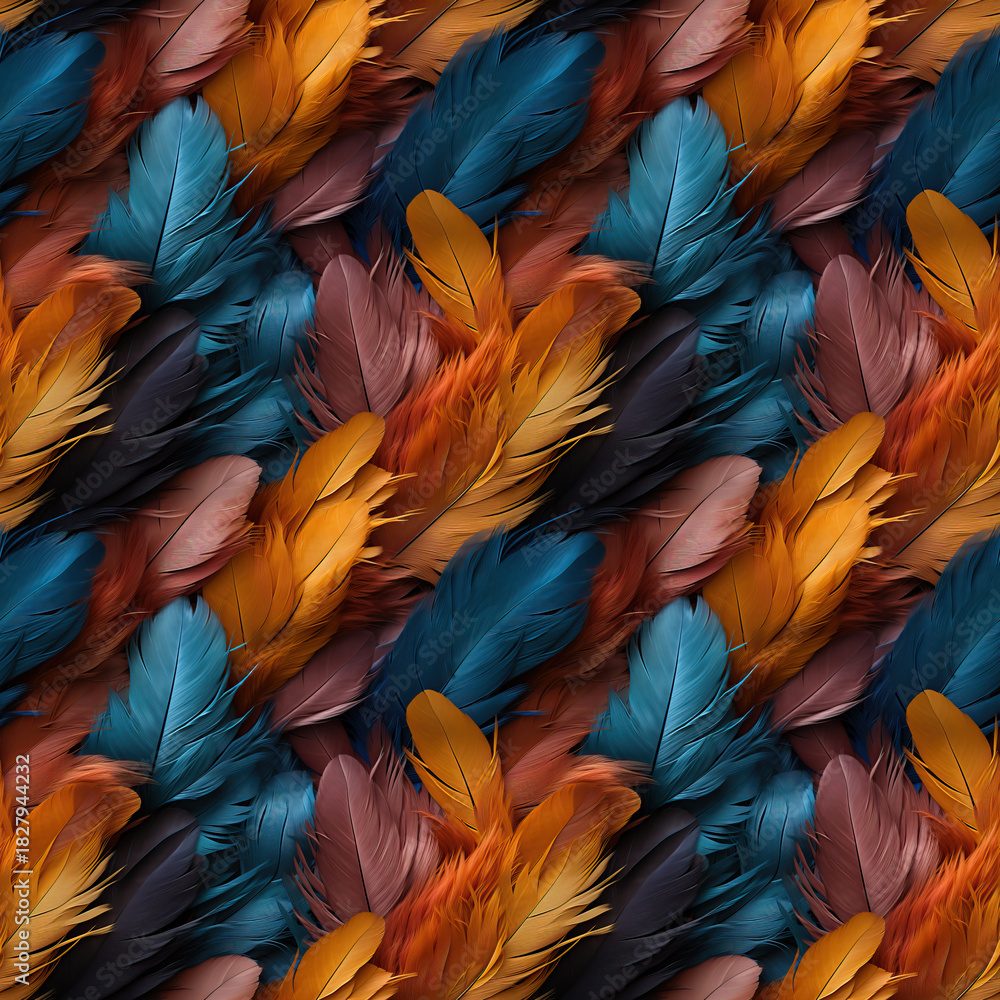 Obraz premium Natural feathers in teal, amber, and brown tones blended in a realistic soft pattern