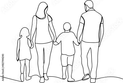 Family walking together continuous line drawing illustration