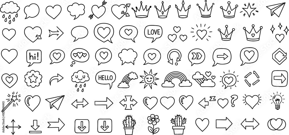 Fototapeta premium Hand drawn doodle icon set with hearts arrows crowns and speech bubbles