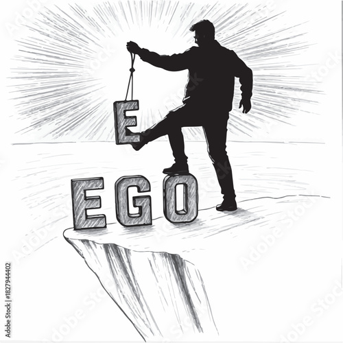 Self-Improvement Concept: Man changing the word EGO into GO on a cliff edge.