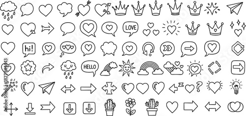 Hand drawn doodle icon set with hearts arrows crowns and speech bubbles