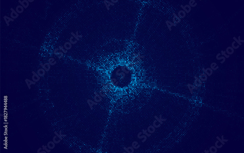 Blue Digital Tunnel or Wormhole. Wireframe Abstract Mesh with Hole. 3D Tunnel Grid Mesh. Blue Hi Tech Texture. Technology or Science Vector Illustration.