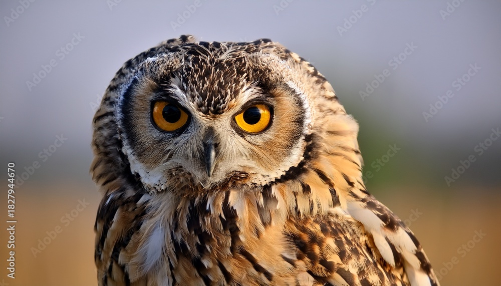 Fototapeta premium Short Eared Owl Asio Flammeus Perched Close Up With Aggressive Posture