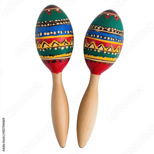 A pair of traditional wooden maracas with colorful hand-painted patterns, isolated on a white background