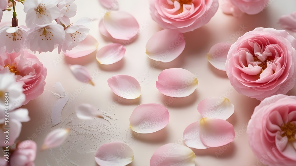 Obraz premium Delicate pink rose petals scattered beautifully among blooming garden roses and cherry blossoms