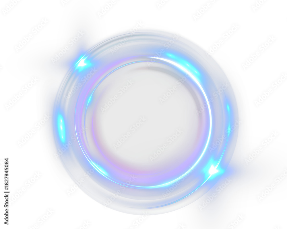 Obraz premium A glowing circular energy ring with vibrant blue and purple neon light swirling around a dark center. The luminous halo features radiant flares, smooth gradients, and a dynamic sci-fi aura. PNG.
