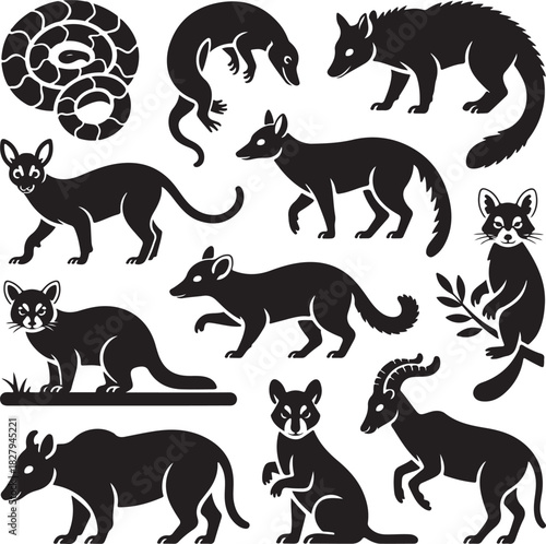 Collection of black silhouette animals isolated on a white background