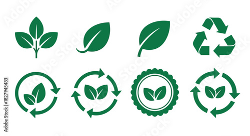 Green leaf and recycle symbols representing environmental sustainability and eco friendly concepts