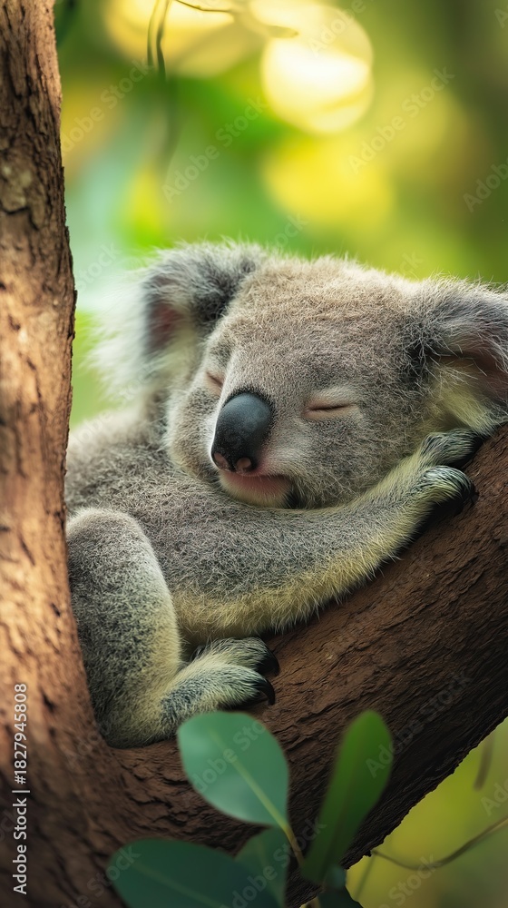 Obraz premium A sleeping koala rests on a tree branch, surrounded by soft, warm natural light