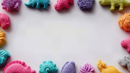 Bright polymer clay dinosaurs and animals arranged as border on white.