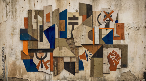 An abstract mural composed of various shapes and hues, showcasing symbols of protest and empowerment, epitomizing creativity and expression within urban environments.