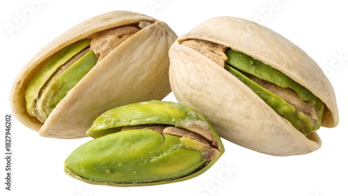 Three fresh pistachios with open shells reveal vibrant green nuts, perfectly isolated on a transparent background, high quality PNG file.
