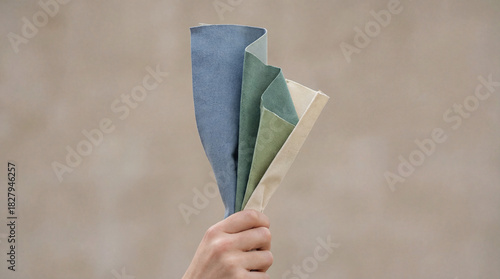 A hand holds various textiles in soothing blue and green hues, symbolizing comfort and creativity, ideal for showcasing the tactile nature of fabric in design.