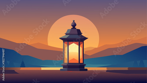 Lantern silhouette against sunset in desert scene