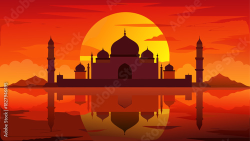Silhouette of taj mahal at sunset with reflection