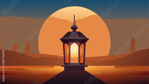 Lantern glowing at sunset over the mountain range