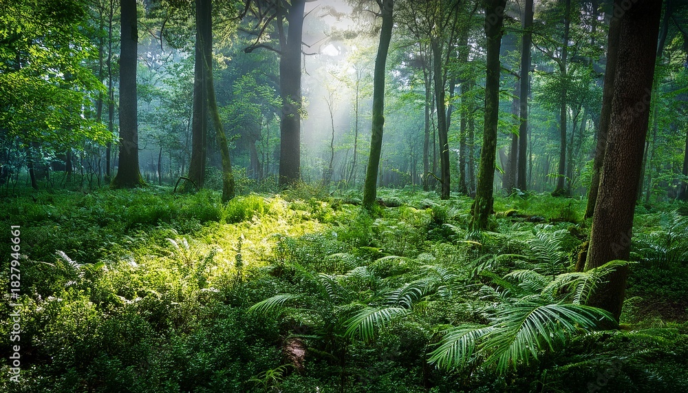 Obraz premium Lush Forest Teeming With Terrestrial Plants Trees And Grass