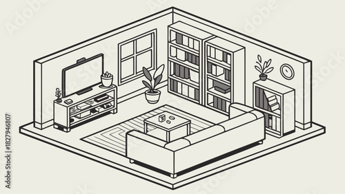 Stylish isometric living room illustration showcasing modern furniture, books, and decor, perfect for interior design and architectural visualizations, originally vector