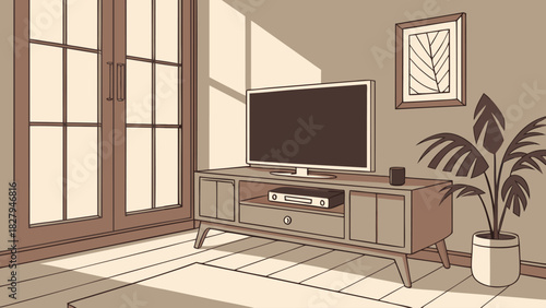 Modern living room interior design showcasing a flat screen television and potted plant in a naturally lit space, perfect for home decor inspiration