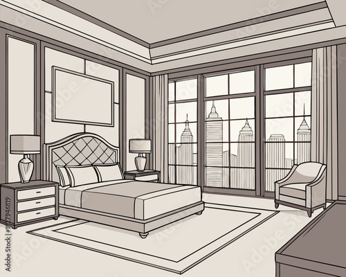 Luxurious bedroom suite with stunning city views, perfect for travel brochures or upscale real estate marketing, showcasing elegant design and comfort