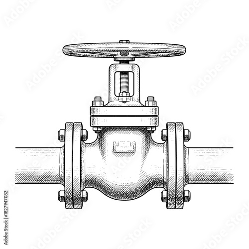 Detailed line drawing of a valve and pipe, perfect for industrial design projects, engineering manuals, plumbing diagrams, and technical illustrations