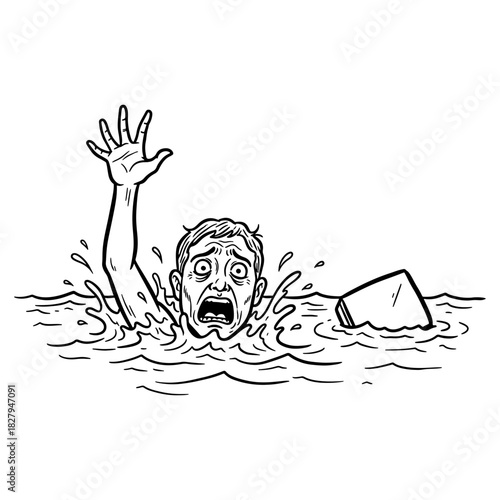 Man drowning, desperate for help, reaching out from water in distress illustration. Originally vector graphics, now in PNG format.