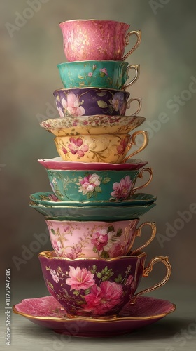 Stack of colorfully decorated tea cups arranged for display in a vintage setting
