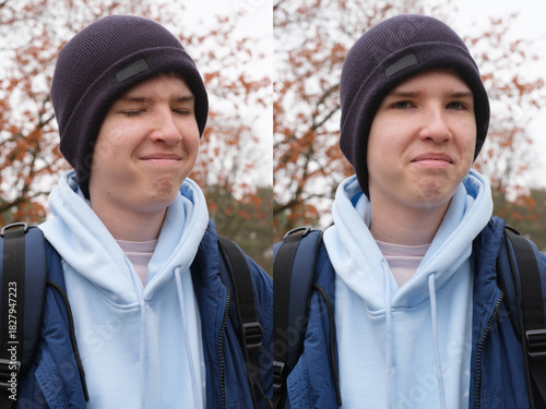 A diptych shows a young man in a blue jacket and light hoodie, wearing a dark beanie. The left image shows him smiling with eyes closed, contrasting with a neutral look on the right.