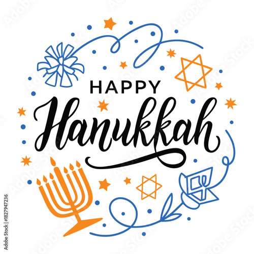 Happy Hanukkah text with menorah stars and festive decorations lettering calligraphy