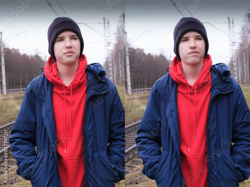 A diptych shows a young person by railway tracks in a blue jacket. The left image has a neutral, calm expression, while the right image shows a more determined, intense gaze directed at the camera.