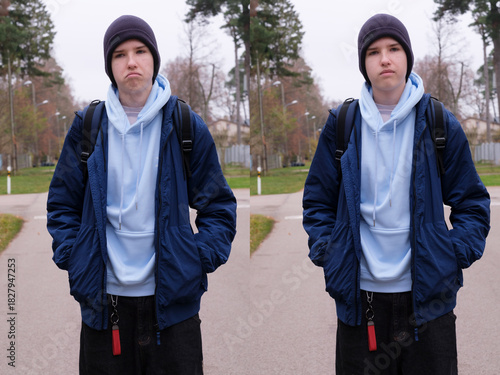 A diptych shows a young man with a pouting, displeased expression in a dark jacket and light blue hoodie. He is standing outdoors on a path.