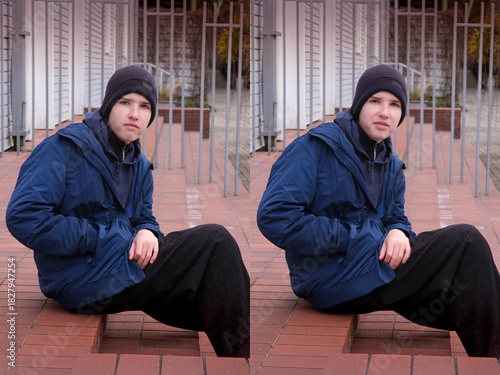 A diptych shows a young man with a dark beanie sitting on brick steps. Both images feature a neutral to slightly serious expression while he wears a blue jacket in an urban setting.